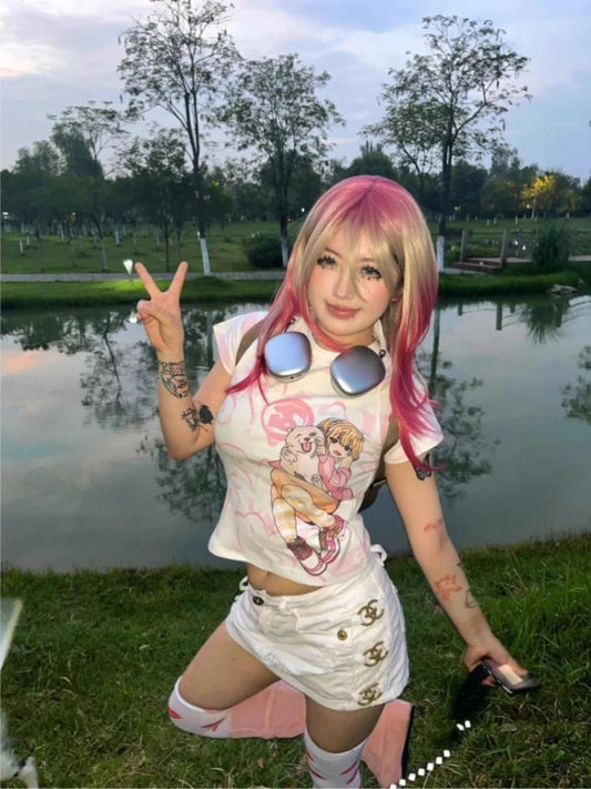 Japanese Camisetas Y2k Tshirts Crop Tops Women Clothing Short Sleeve O-neck Cute Tees Anime Print Casual Fashion Summer T-shirt SS69