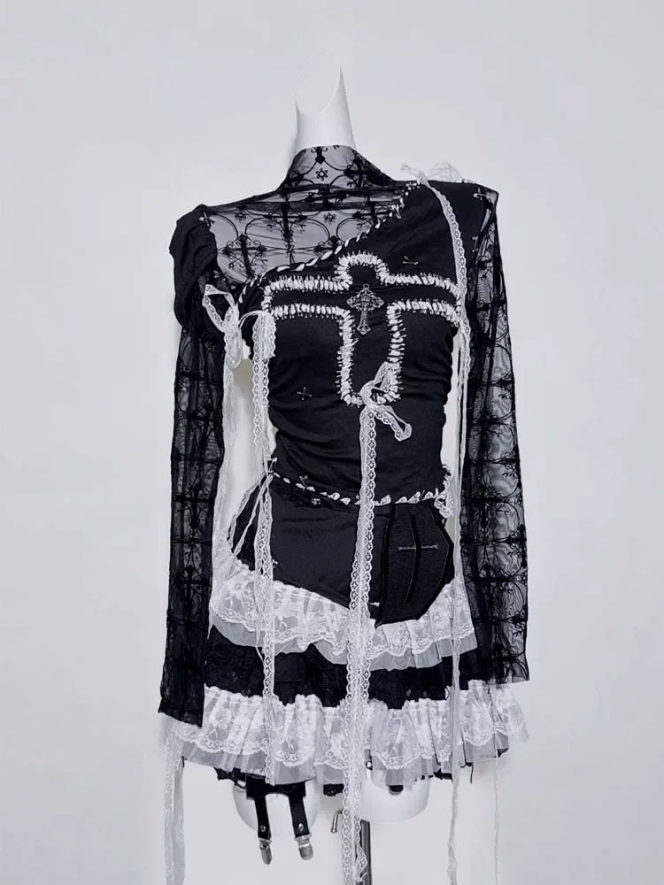 Original Design Punk Rock Cross Patch Long Sleeve Slash Tshirt Gothic Women Subculture Lace Ruffled Holloween Tee Tops Clothing SS69