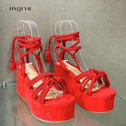 Sandal Women Summer Fashion  Sandals  Women's Wedge Sandals Cross Straps Casual Women's Shoes Women High Heels SS69 17.69 Red / 40