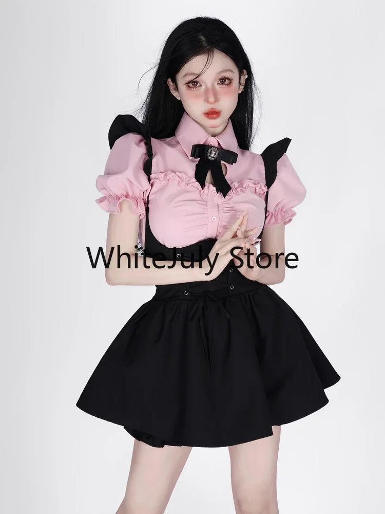 Summer Kawaii Clothing Pink Y2k Crop Tops Blouse + Black Mini Dress Two Piece Set for Women Casual Bodycon Korean Suit Chic SS69