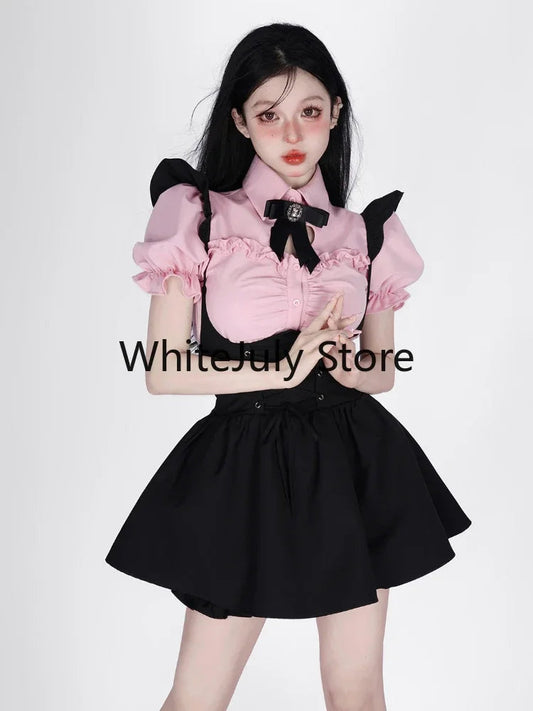 Summer Kawaii Clothing Pink Y2k Crop Tops Blouse + Black Mini Dress Two Piece Set for Women Casual Bodycon Korean Suit Chic SS69
