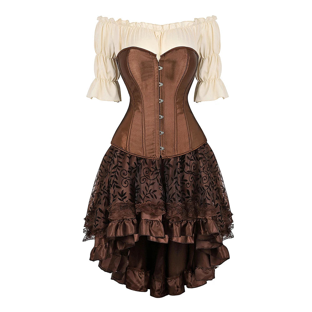 Brown Pirate Dress Plus Size Faxu Leather Steampunk Corset Dress with Shoulder Off Blouse Cosplay Pirate Costume for Women SS69 68.69 Brown 2 / 6XL