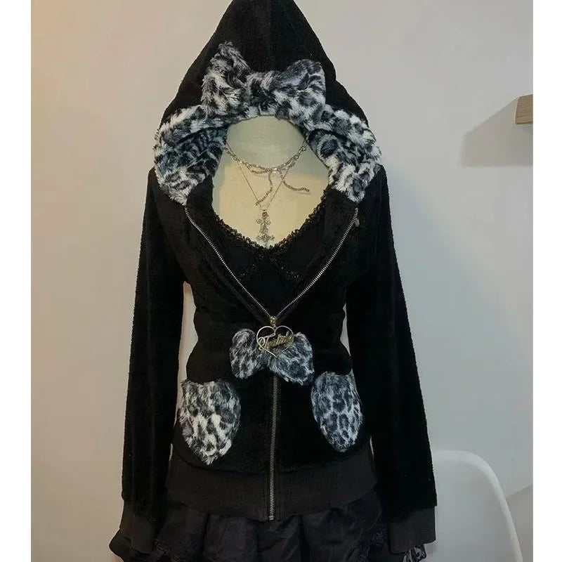 Streetwear Y2K Womens Pullover Hoodie Retro Harajuku Pink Leopard Print Patchwork Sweatshirt Fashion Trend Sportswear Hoodie Top SS69 44.69 3 / XXL