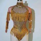 Custom rhinestones bodysuit tassels women Celebrate stage Team pole dance club party fashion leotard clothing
