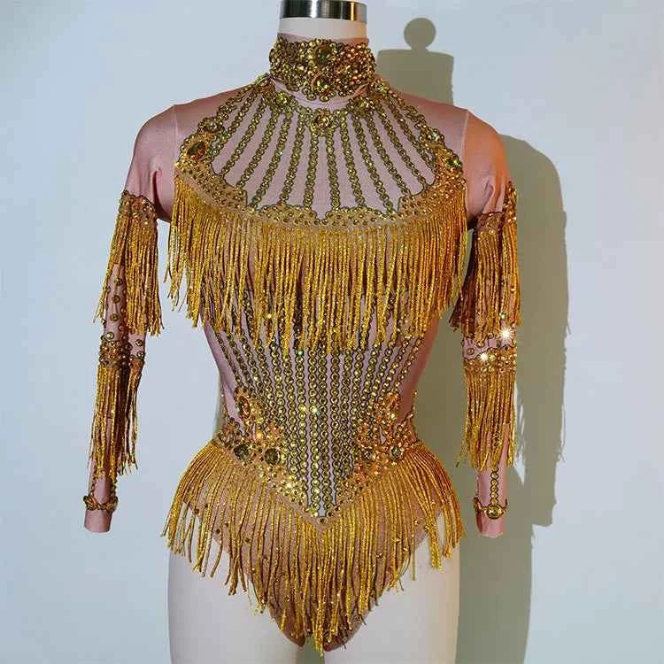 Custom rhinestones bodysuit tassels women Celebrate stage Team pole dance club party fashion leotard clothing