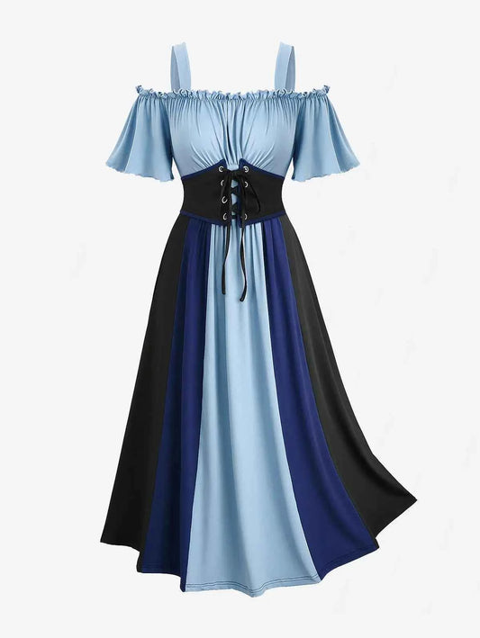 ROSEGAL Plus Size Women's Dress New Cold Shoulder Ruched Ruffles Colorblock Patchwork Lace Up Belted Vintage Corset Dresses Robe