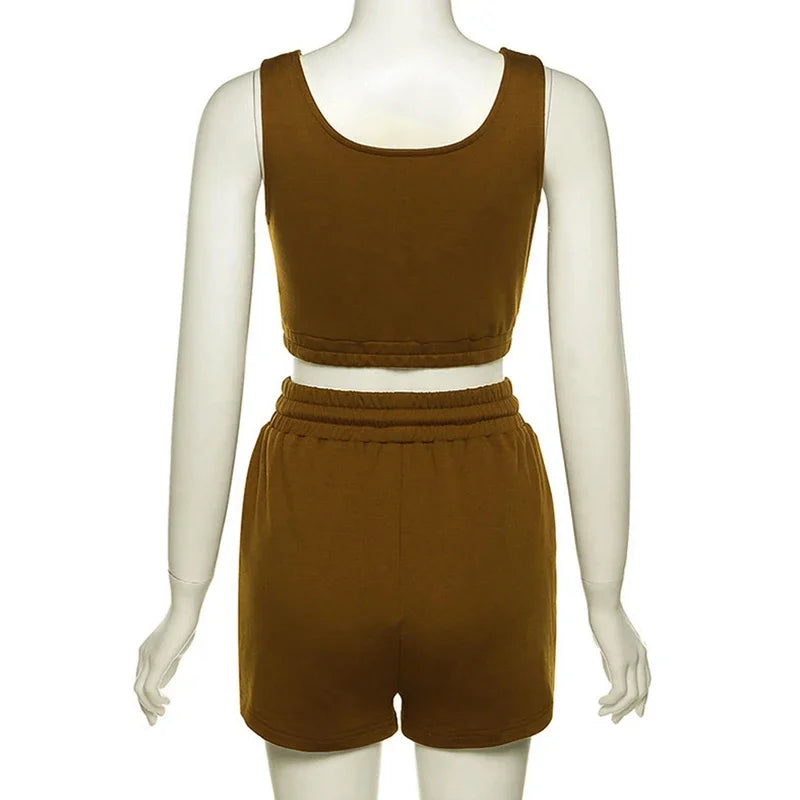 Crop Tops And Drawstring Shorts Set Sexy U-Neck Fitness Tank Top Summer Athleisure Biker Shorts Two Piece Sets Women Streetwear - SS69