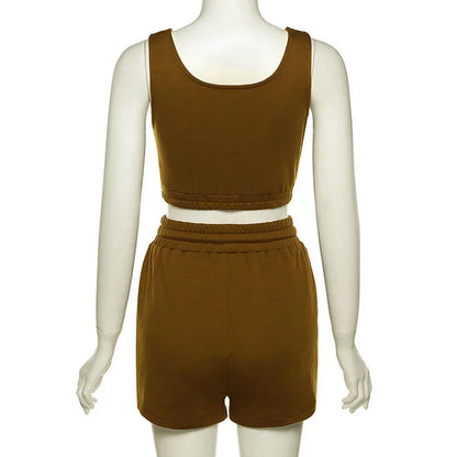 Crop Tops And Drawstring Shorts Set Sexy U-Neck Fitness Tank Top Summer Athleisure Biker Shorts Two Piece Sets Women Streetwear - SS69