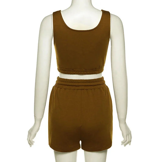 Crop Tops And Drawstring Shorts Set Sexy U-Neck Fitness Tank Top Summer Athleisure Biker Shorts Two Piece Sets Women Streetwear - SS69