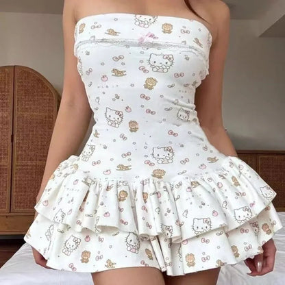 Japanese Retro Kawaii Cartoon Kitten Print Dress New Y2K Subculture Slim-fit Cake Skirt Women's Harajuku Sexy Strapless Dresses SS69