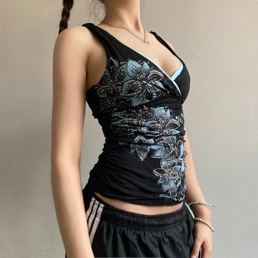 American retro style black printed suspender vest women T-shirt y2k millennium goth slim V-neck fashion top SS69