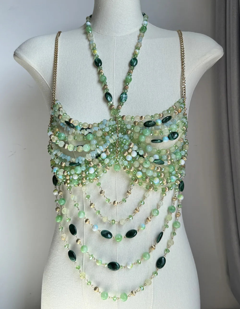 Ladies Body Chain Beading Camisole Vest Hollow Out Top Body Jewelry Exaggerated Pearl Neck Bustier Fashion Bra Women Club Rave SS69 35.69 green / One Size