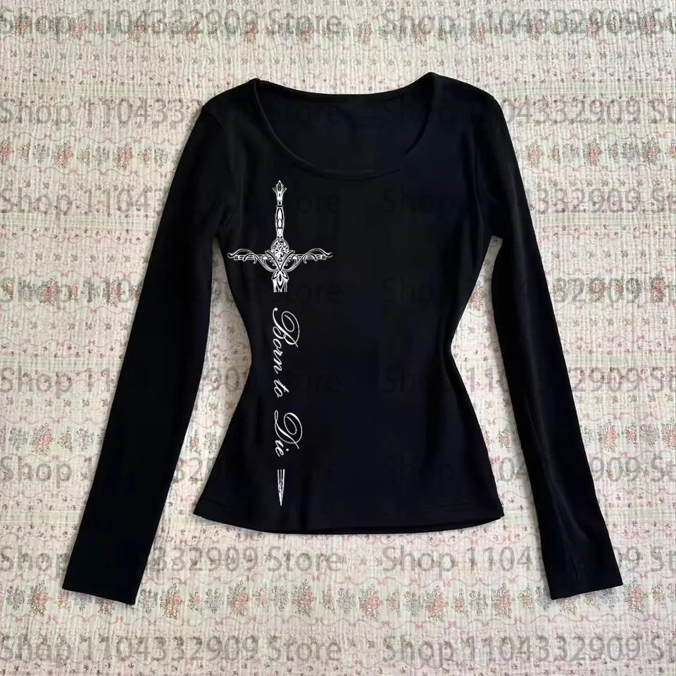 Gothic Grunge Punk Printing Women's Long Sleeve Tee Casual Slim Fit Sexy Chic Emo Girls Crop Top Y2K Harajuku Vintage Streetwear SS69 10.69 black / L