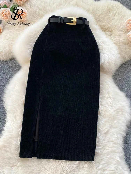 SINGREINY Women Korean Split Sexy Long Skirt 2024 Winter Corduroy Slim Thick Streetwear Fashion Vintage Autumn Bodycon Skirt