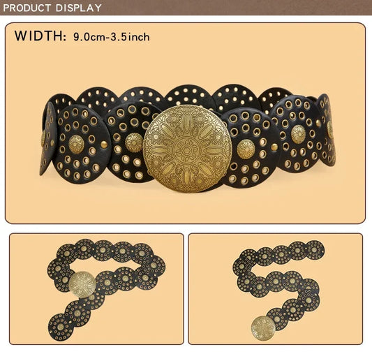 SS69 Women's Y2K Vintage Rivet Patchwork Wide Faux Leather Waist Belt