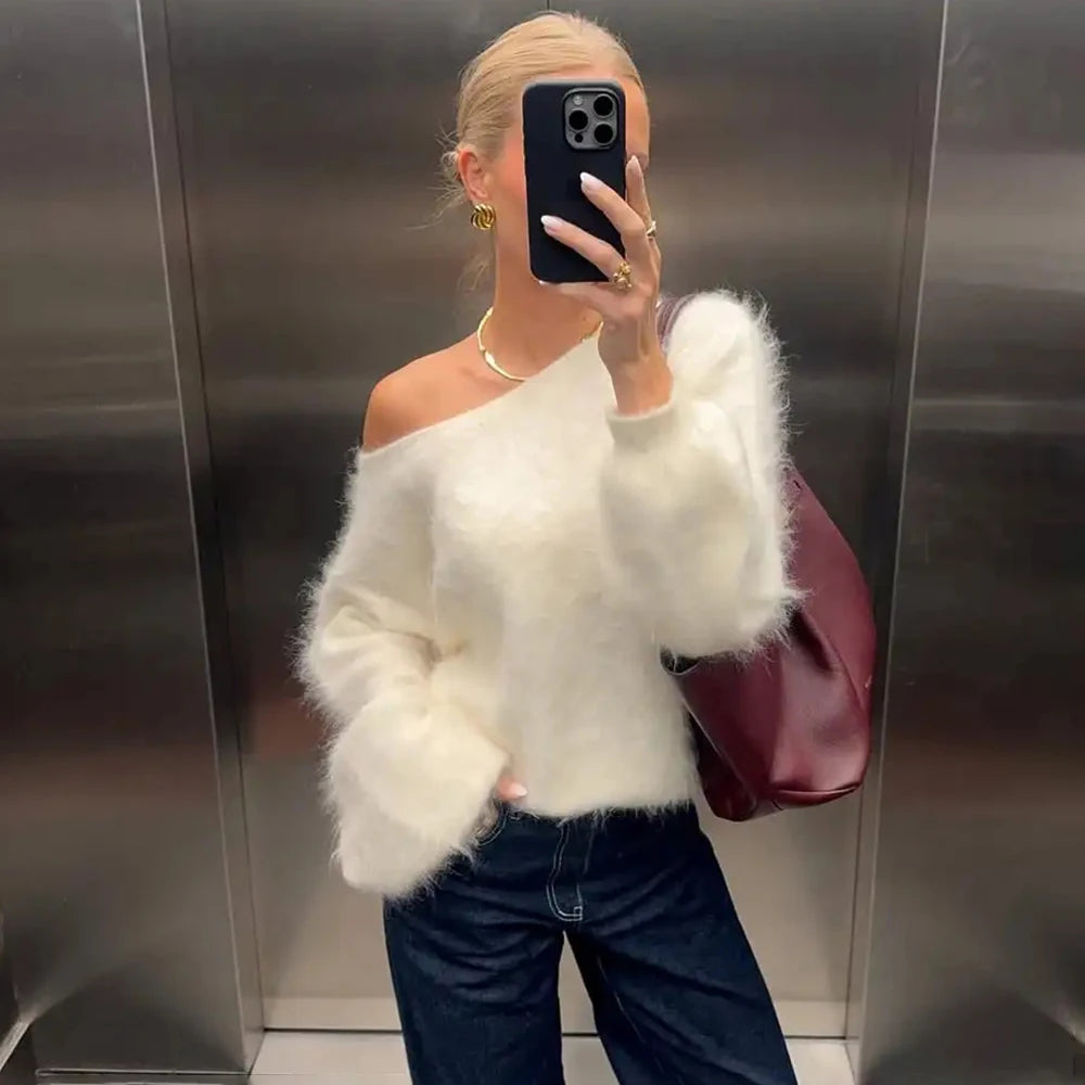 Talenza Women's Plush Pullover Fashion Solid Loose High Street Sweaters Vintage Chic Strapless Autumn Casual Female Pullovers