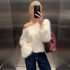 Talenza Women's Plush Pullover Fashion Solid Loose High Street Sweaters Vintage Chic Strapless Autumn Casual Female Pullovers