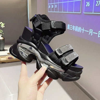 Summer High Platform Women Sandals Buckle 10CM Wedges Bling Shoes Fashion 2023 Outside Chunky Sandals Beach Casual Slides Woman SS69 25.69 black / 37