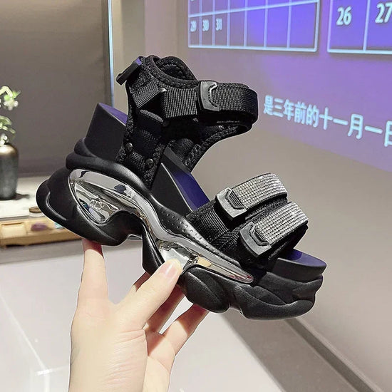 Summer High Platform Women Sandals Buckle 10CM Wedges Bling Shoes Fashion 2023 Outside Chunky Sandals Beach Casual Slides Woman SS69 25.69 black / 37