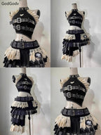 Summer Vintage Elegant Y2K Woman 2 Piece Sets Punk Gothic Strapless Crop Tops +High Waist Ruffle Skirt Female Party Outfits 2025 SS69