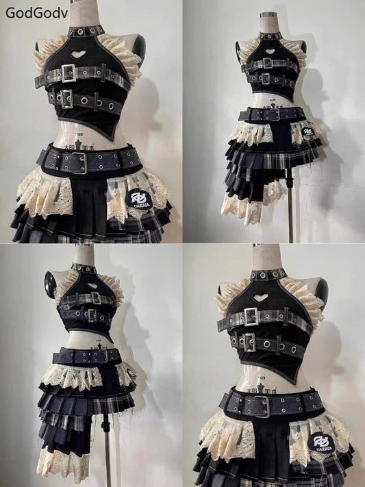 Summer Vintage Elegant Y2K Woman 2 Piece Sets Punk Gothic Strapless Crop Tops +High Waist Ruffle Skirt Female Party Outfits 2025 SS69