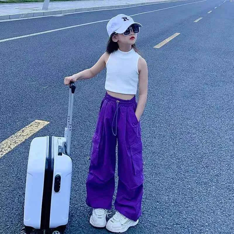 5-14Y Kids Hip Hop Joggers Pants Girls Cargo Pants Teenage Straight Trousers High Waist Vintage Casual Streetwear Baggy Pants