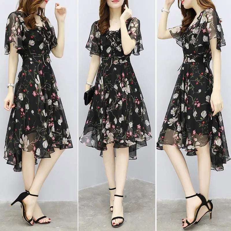 Women floral Chiffon Flower Dress 2026 trends new in Ladies Elegant V Neck short Sleeve korean style Summer Dress Female Clothes
