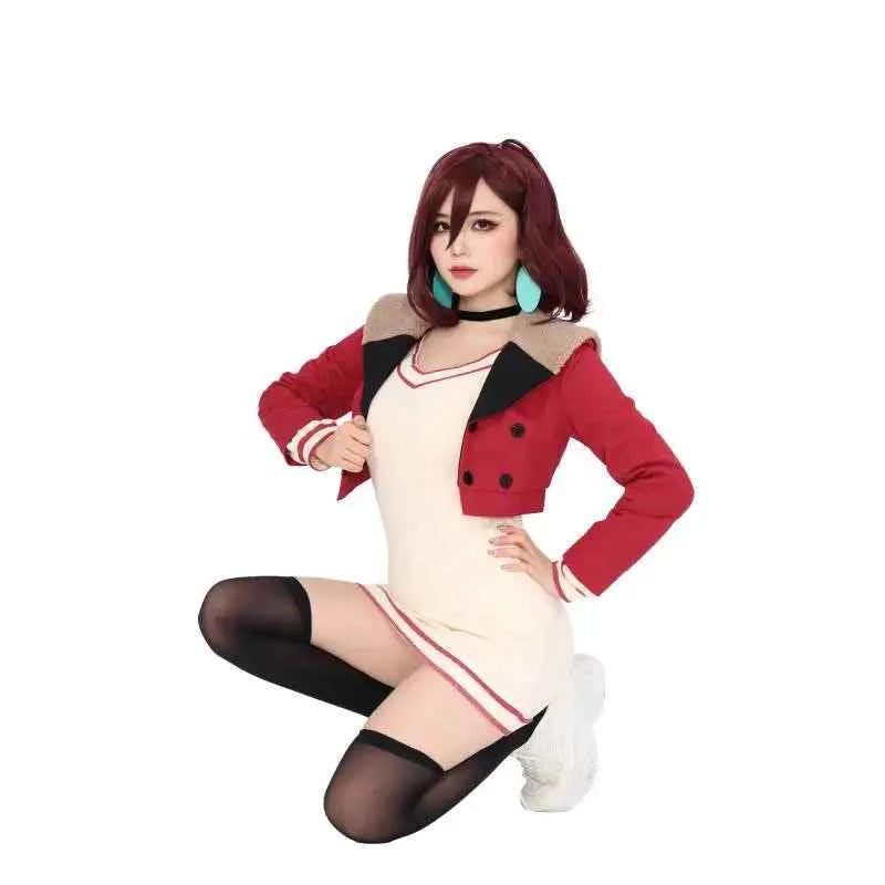 DAZCOS Momo Ayase Dan Da Cosplay Costume Full Set Outfit Red Suite Jacket Knitted Dress for Women Halloween