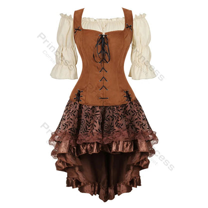 Brown Pirate Dress Plus Size Faxu Leather Steampunk Corset Dress with Shoulder Off Blouse Cosplay Pirate Costume for Women SS69