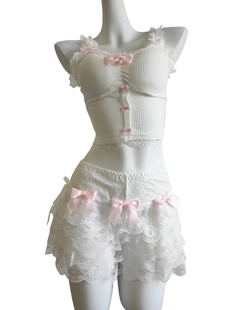 Sweet Crop Top Women Lace Trim Cotton Cropped Bows Bead Decoration Pink White Cute Camis Sweet Girls Lolita Style Kawaii Clothes SS69 34.69 WhiteTops and Shorts / One Size