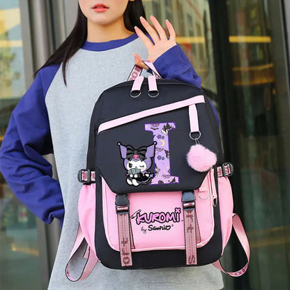 Sanrio Kuromi Large Capacity Backpack for Students Cartoon Letter A-Z Printed Schoolbag Fashion Book Stationery Storage Bag Gift SS69