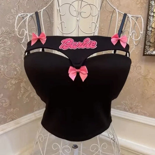 Sweet Barbie Women Tops Sexy Hot Girl Bowknot Embroidered Camis Tank Top Y2k Summer Casual Fashions Streetwear T-shirt Tops Gift SS69