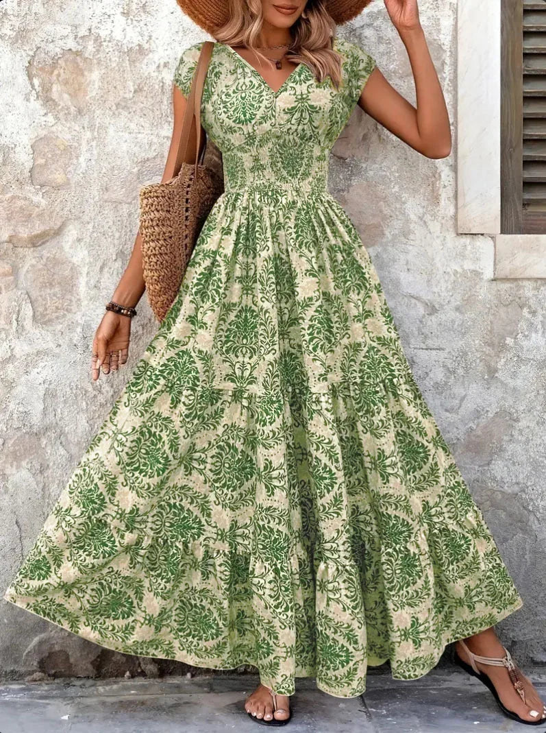 Vintage Floral Print V-Neck Maxi Dress - Women's Retro Gown