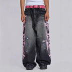 Denim Pant Women Jeans Wide Leg Long Pants Hole High Waist Straight Trousers Y2k Streetwear Print Mom Jeans Casual Loose 2025