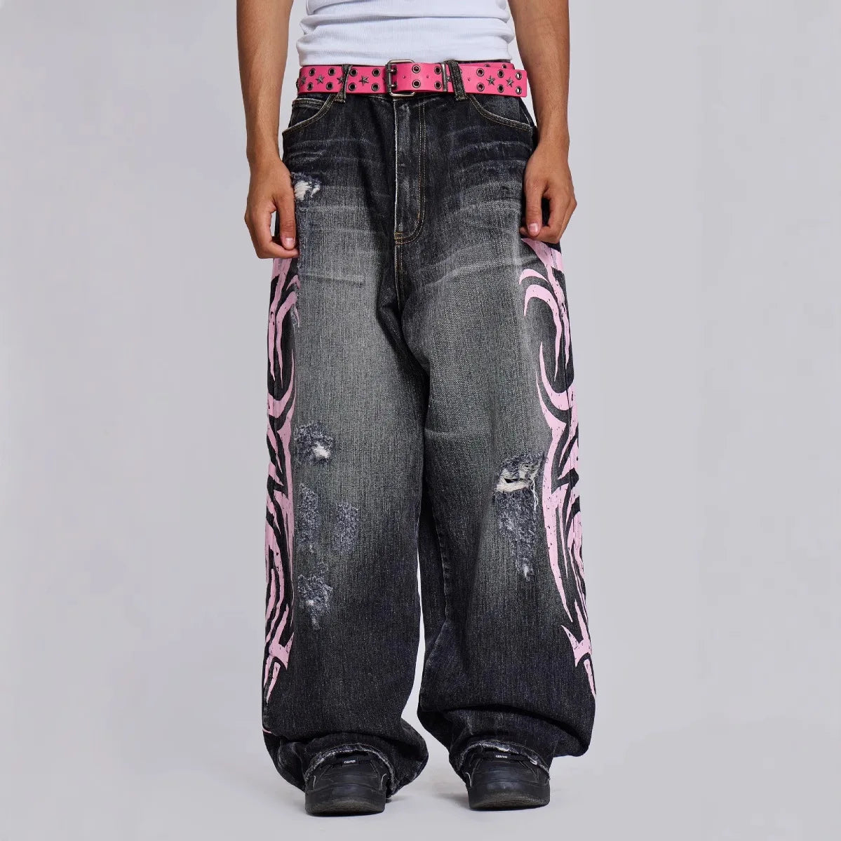 Denim Pant Women Jeans Wide Leg Long Pants Hole High Waist Straight Trousers Y2k Streetwear Print Mom Jeans Casual Loose 2025