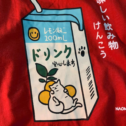 Cute Japanese Cat Print Oversized T-shirt Women Men Short Sleeve Loose Casual Tee Shirt Streetwear Tops Cotton Harajuku Clothing SS69