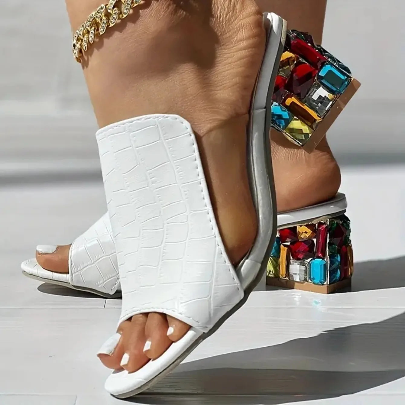 Women Crystal Sandals 2024 New Spring Summer Open Toe Sandals Square Heels Beach Fashion Sandals Women Sandalias De Mujer SS69