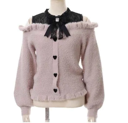 Liz Sweater Japanese Mass Production Autumn and Winter Woolen Off Shoulder Lace Slim Short Sweater Soft Furry Knitted Pullover