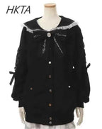 Mine Series Japanese Embroidery Bow Sail Collar Black Long Sweatshirt Coat Women Hoodie Lolita Sweet Girls Pink Hoodies Jacket