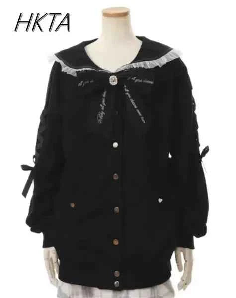 Mine Series Japanese Embroidery Bow Sail Collar Black Long Sweatshirt Coat Women Hoodie Lolita Sweet Girls Pink Hoodies Jacket