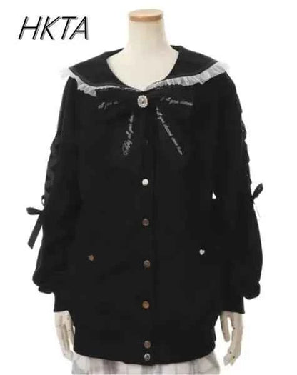 Mine Series Japanese Embroidery Bow Sail Collar Black Long Sweatshirt Coat Women Hoodie Lolita Sweet Girls Pink Hoodies Jacket