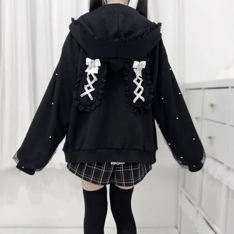 CHUJIECN Kawaii Bunny Ear Lace Zipper Hoodie