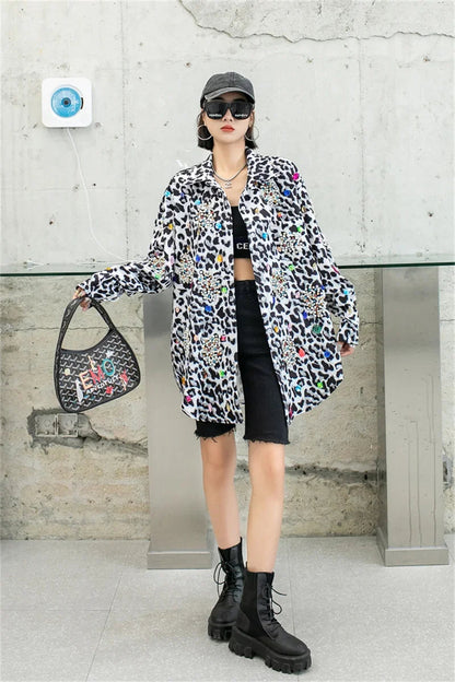 Harajuku Vintage Pearl Beaded Diamonds Leopard Print Women Thin Shirt Jacket Loose Casual Lapel Long Sleeve Female Jacket Coat SS69