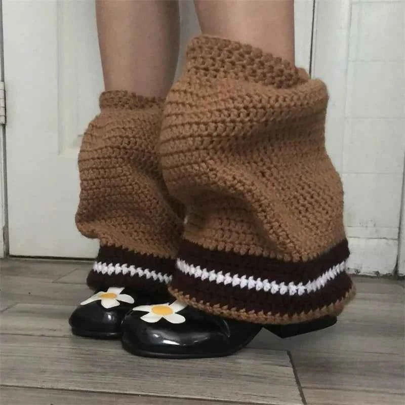 Women Knit Leg Warmers Contrast Color Knee High Socks Y2K Aesthetic Boot Cuffs Cover for Streetwear Kawaii Short Socks