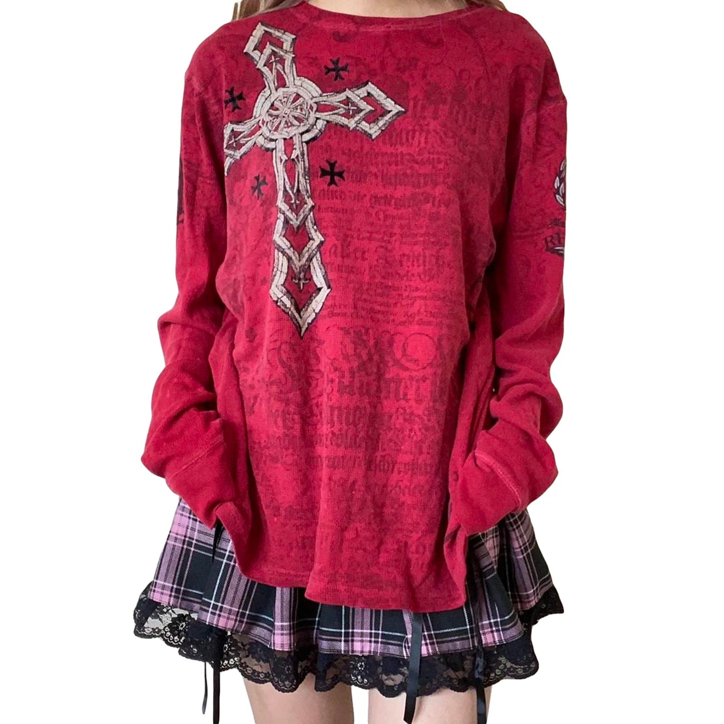 Women s Vintage Graphic Tops Gothic Long Sleeve Round Neck Loose T-Shirts Streetwear Grunge Tops SS69 20.69 Red / L / United States