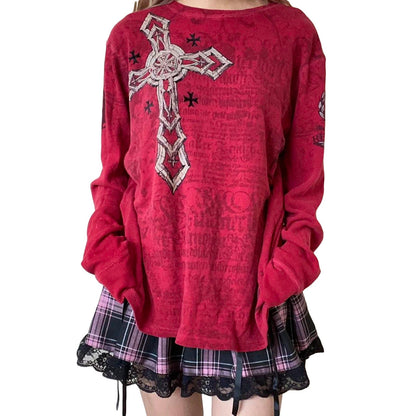 Women s Vintage Graphic Tops Gothic Long Sleeve Round Neck Loose T-Shirts Streetwear Grunge Tops SS69 20.69 Red / L / United States