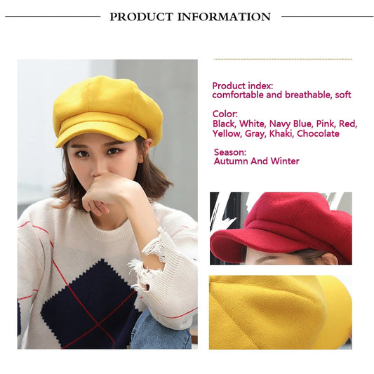 Solid Color Korean Style Woolen Octagonal Hat for Women Autumn/Winter New Style Duckbill Beret, Trendy British Style Painter Hat