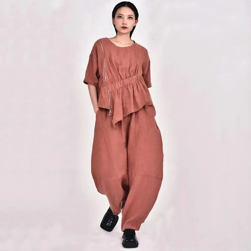 Summer New Loose Women's Artistic Linen Asymmetrical Shirt plus Size Harem Pants Comfortable Breathable Casual Wear SS69