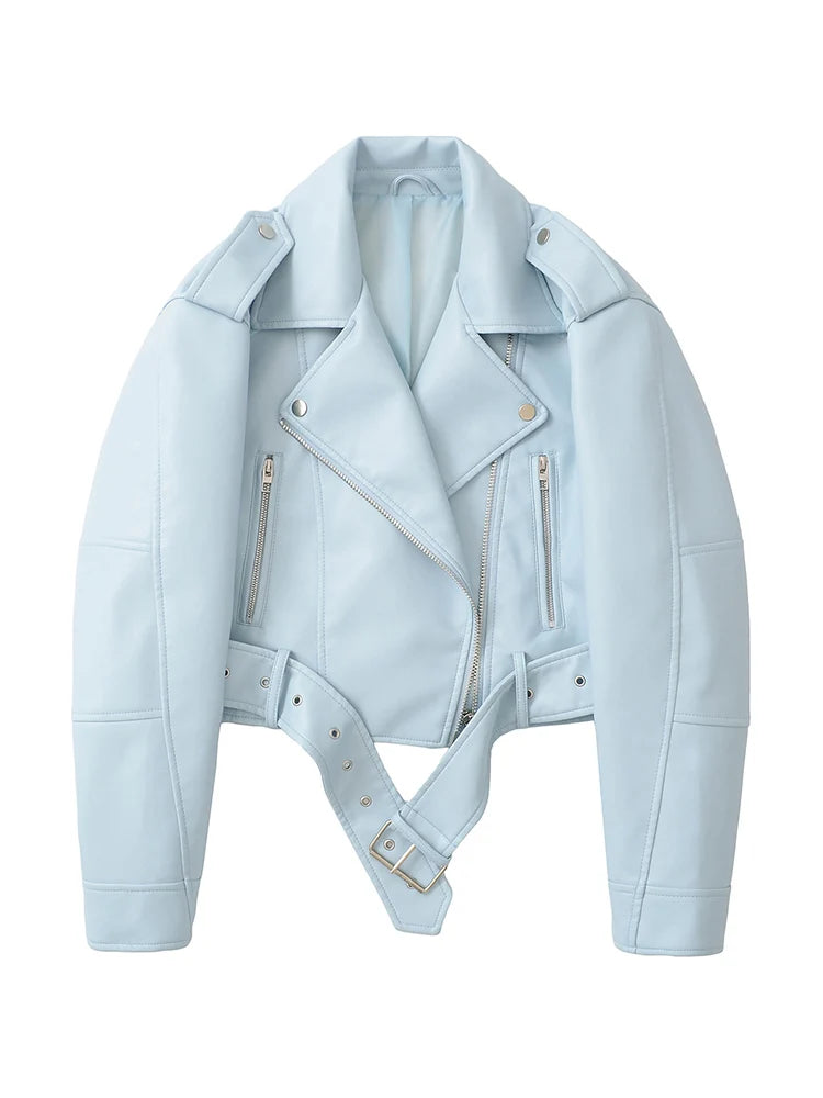 Ailegogo Women's Faux Leather Moto Jacket with Belt