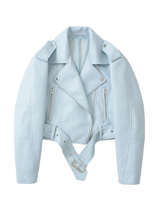 Ailegogo Spring Autumn Women Faux Pu Leather Short Jacket with Belt Motorcycle Biker Female Zipper Lapel Loose Coat Outwear